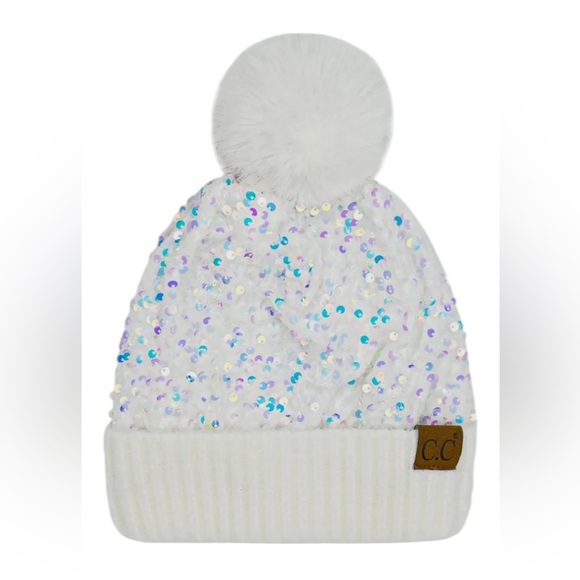 Sequin Pom-Pom Beanie  - Pink, Black, White - Picture 3 of 11